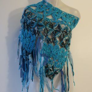 Womens Bloomingdale's Blues Crochet Knit Semi-Sheer Poncho Cape Sweater OS *